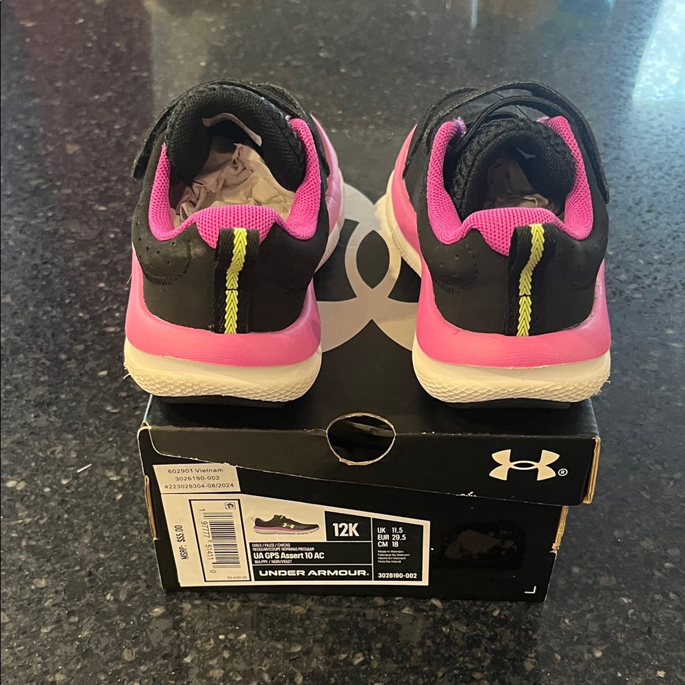 Under Armour Black & Pink Kids' Athletic Sneakers with Yellow Logo - Picture 5 of 8